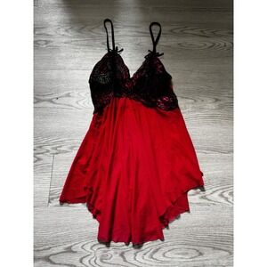 Avidlove Red Mesh Babydoll Lingerie Black Lace V-Neck Chemise Handkerchief Hem S